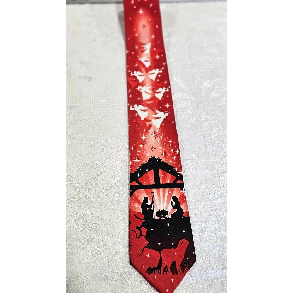 Tie Tales Mens Christmas Nativity Scene Tie Red Religious Holiday Angels
